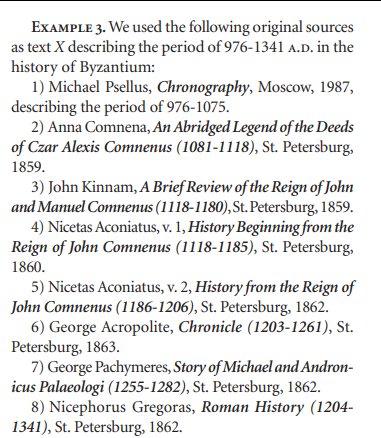 Sources Fomenko used for the history of Byzantium; none appear to date prior to the 1850s, but we can find those books online and check who they themselves cite.