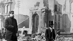 1871 Chicago. Men stand amid the rubble at LaSalle Street and Washington Street