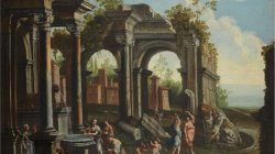 Figures near a fountain in an architectural palace