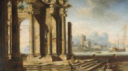 Classical ruins with a seascape in the distance