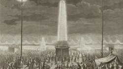Illuminated obelisks on the Champs Elysees in Paris in 1790