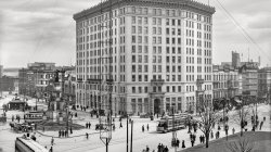 Detroit, 1908. Cadillac Square, Soldiers' and Sailors' Monument and Hotel Pontchartrain from City Hall.